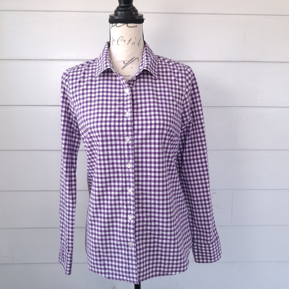 J.Crew The Perfect Shirt Purple White Gingham Cotton Button Up Top Size 4